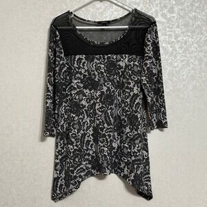 Espresso Faux Lace Tunic Top Sheer Mesh Yoke 3/4 Sleeve Black White Knit Shirt S